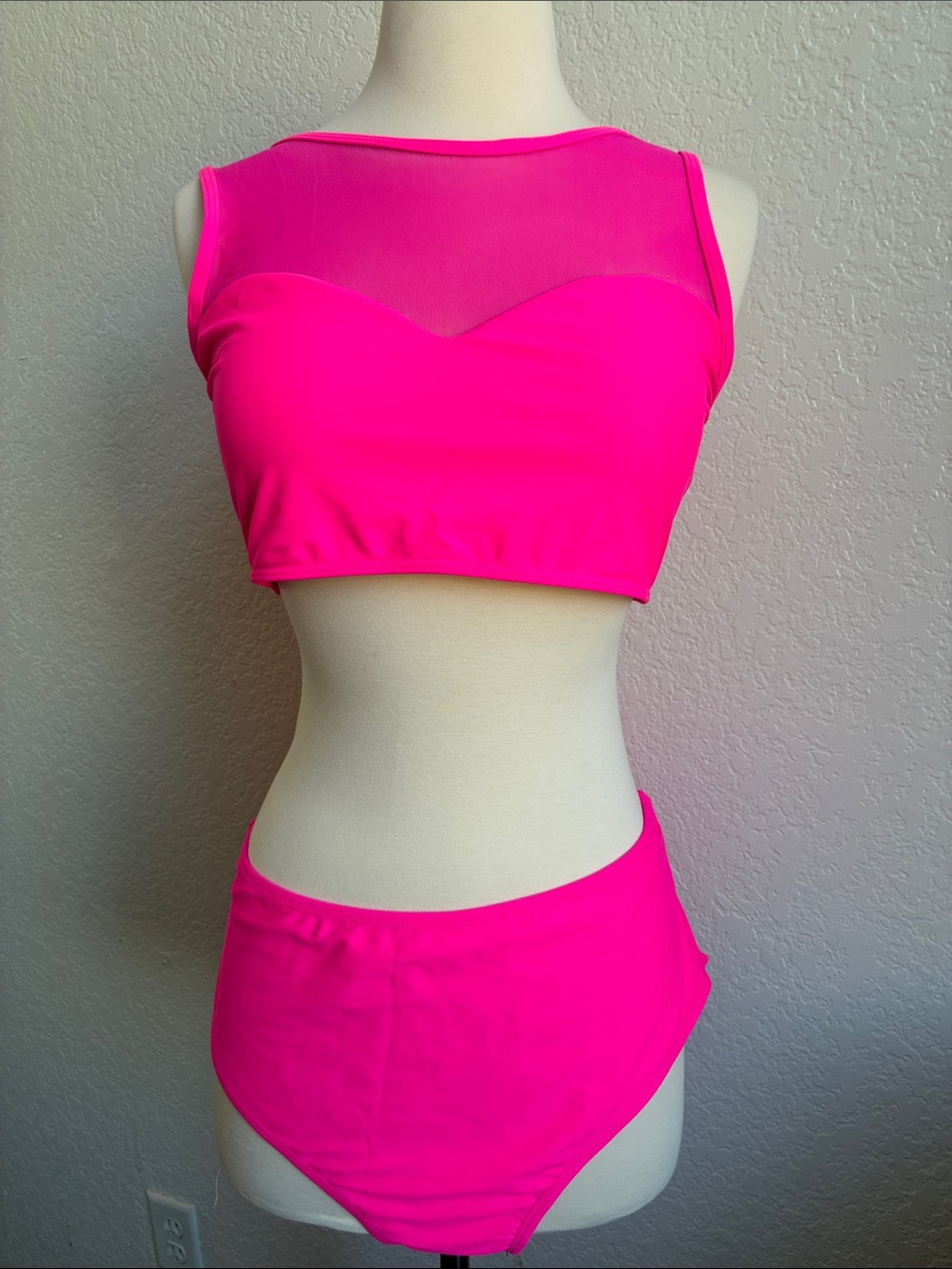High-Waist Sheer Yoke Bikini Top & Bottom — Bright Hot Pink